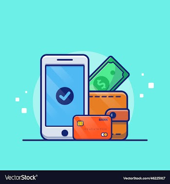 hand phone wallet bank card and money cartoon