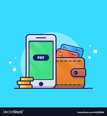 hand phone wallet card and stack of gold coin