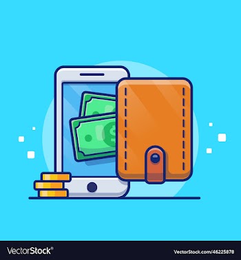 hand phone wallet with paper money and gold coin