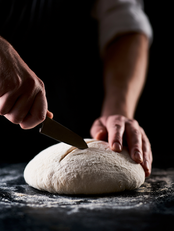 Hand Scoring Raw Boule Bread Dough in a Dark Bakery