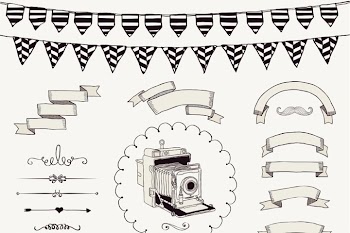 Hand Sketched Rustic Vintage Ribbons, Frames, Icons, Swirls.