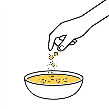 Hand sprinkling salt into a bowl of soup in the kitchen, minimal style