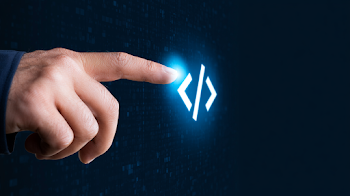 Hand Touching Glowing Code Symbol in Digital Space