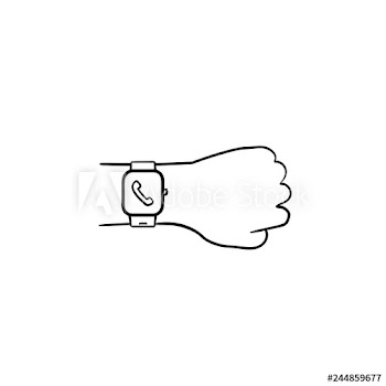 Hand wearing smart watch with incoming call hand drawn outline doodle icon