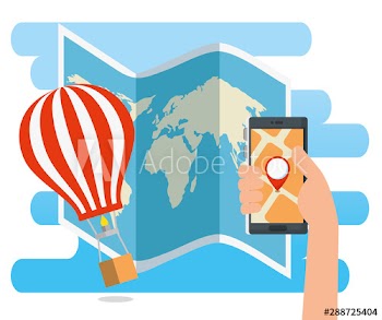 hand with smartphone address location and air balloon