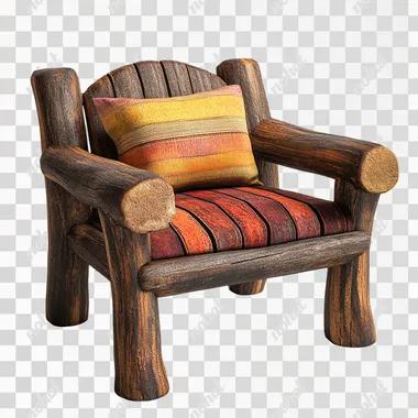 Handcrafted Dark Wood Chair with Colorful Pillow