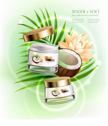 Hands and face luxurious nourishing creams with hydrating coconut oil realistic composition with palm leaf Free Vector
