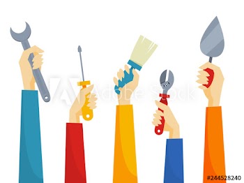 Hands holding different equipment for a repair