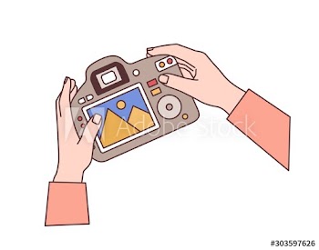 Hands holding digital camera flat vector illustration