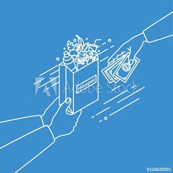 Hands holding paper bag with fruits and vegetables and passing money drawn with contour lines on blue background