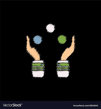 Hands juggling with balls in hatching style vector image
