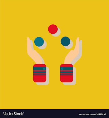 Hands juggling with balls in sticker style vector image