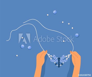 Hands making necklace with seed beads