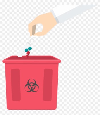 Hands Throwing Medical Supplies On A Trash Bin - Biohazard Symbol