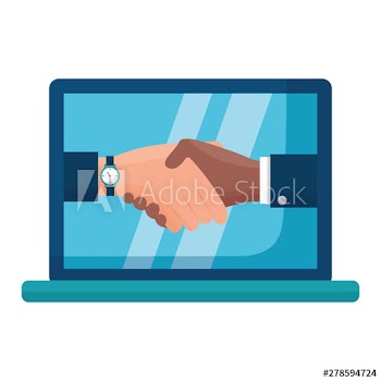 handshake people laptop computer flat design