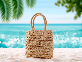 Handwoven Straw Beach Tote Bag on Tropical Sand