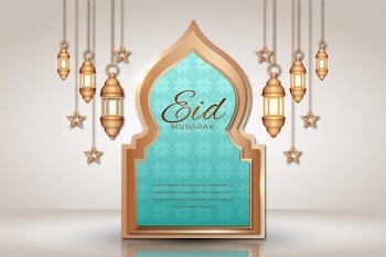 Hanging lanterns and stars realistic eid mubarak Free Vector