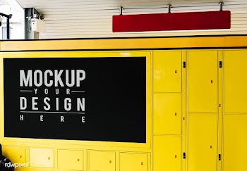 Hanging red sign mockup above yellow luggage .. | Free stock psd mockup - 534766