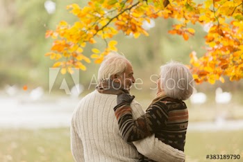 Happy affectionate senior couple hugging in autumn park