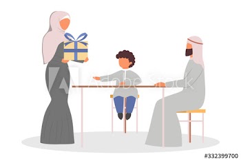 Happy arab family spend time together at home and giving gift