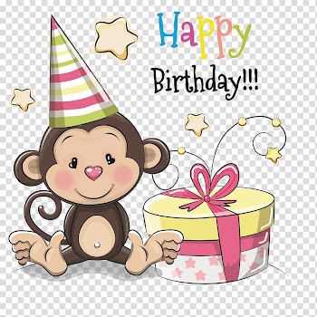 Happy birthday , Birthday Greeting card Cartoon Illustration, Monkey's birthday present transparent background PNG clipart