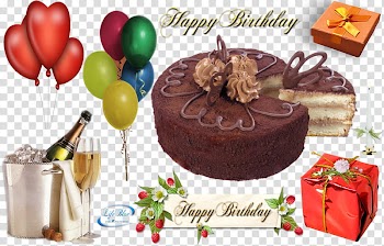 Happy Birthday, cake, gift box, balloon, candle, and wine transparent background PNG clipart