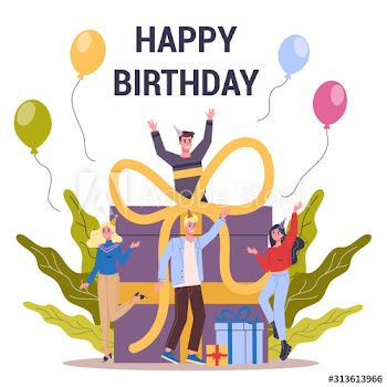 Happy birthday greeting card with people celebrate around big box