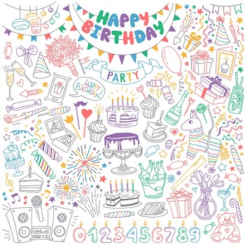 Happy Birthday hand drawn set. Party decoration, gift box, cake with candles, fireworks, confetti, party hats, bouquet, desserts and beverages. Vector outline illustration isolated  on white.