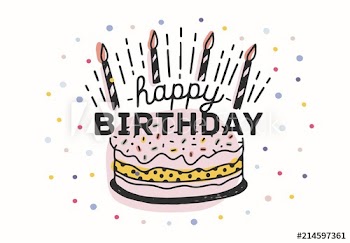 Happy birthday lettering handwritten with elegant calligraphic font on cake with candles and decorated with colorful confetti