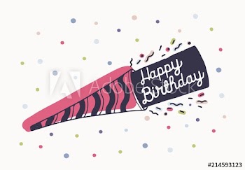 Happy birthday wish or beautiful lettering handwritten with elegant cursive font on party horn and decorated with colorful confetti