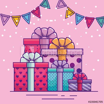 happy birthday with presents and party banner decoration