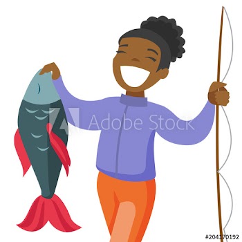 Happy black fisherwoman proud of catch after fishing