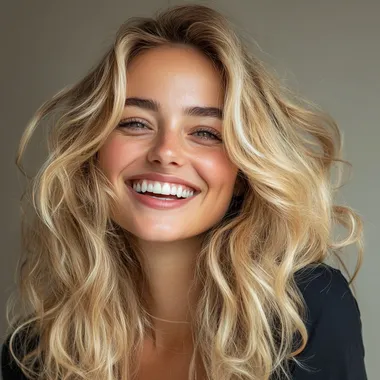 Happy Blonde Woman with Long Curls Smiling at the Camera - PNG