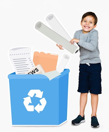 Happy boy collecting paper for recycling | Free stock psd mockup - 492052