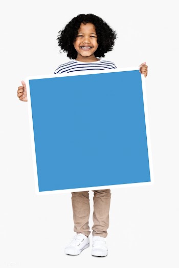 Happy boy holding a blue square board | Free stock psd mockup - 491658