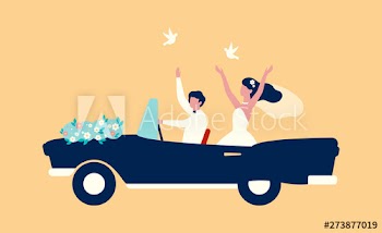 Happy bride and groom riding on the cabriolet