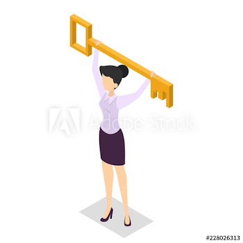 Happy business woman holding big key in arms