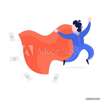 Happy businessman in a suit with long red superhero cape