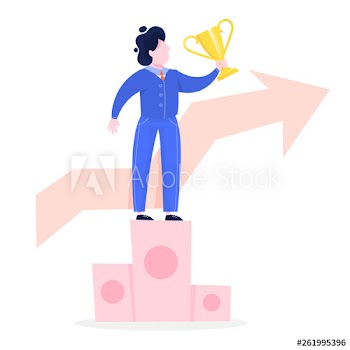 Happy businessman standing on the first place of pedestal