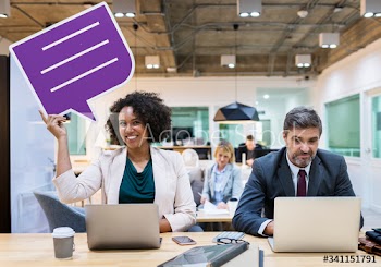 Happy businesswoman with speech bubble