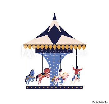 Happy cartoon children ride on carousel horse isolated on white background