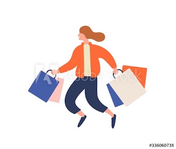 Happy cartoon girl running with shopping bag during sale vector flat illustration