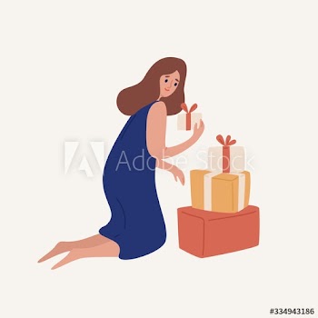 Happy cartoon woman disassemble heap of gift box with ribbon vector flat illustration