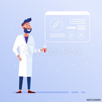 Happy caucasian man in VR glasses with test tube in hands and data displayed on virtual hud interface