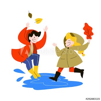 Happy children jump in the puddle under the rain