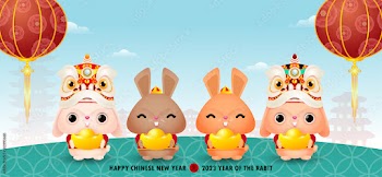 happy chinese new year 2023 banner, Four little rabbit holding golden ingots, year of the rabbit zodiac, gong xi fa cai Cartoon  background vector illustration, Translation happy chinese New Year