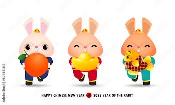 Happy Chinese new year 2023 banner little cute rabbit holding mandarin orange, gold ingots and fish, year of the rabbit zodiac, brochure, calendar background vector design, Translation happy new year