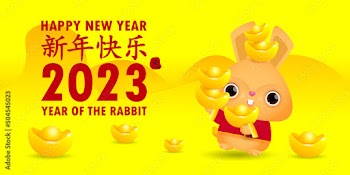 Happy Chinese new year 2023 greeting card cute rabbit with lion dance and chinese gold ingots, year of the rabbit zodiac, gong xi fa cai cartoon character isolated vector Translate Happy New Year