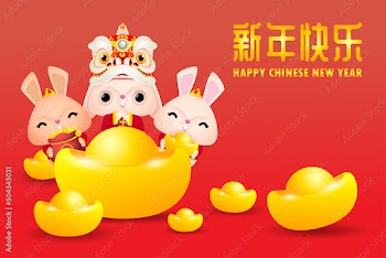Happy Chinese new year 2023 greeting card cute rabbit with lion dance and chinese gold ingots, year of the rabbit zodiac, gong xi fa cai cartoon character isolated vector Translate Happy New Year