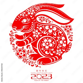Happy chinese new year 2023 year of the rabbit zodiac sign, gong xi fa cai with flower,lantern,asian elements gold paper cut style on color Background. (Translation : Happy new year)